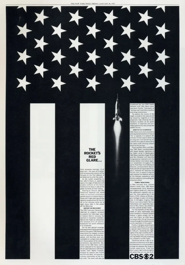 1962 CBS rocket ad in NYT flag layout, editorial, swiss, monochrome