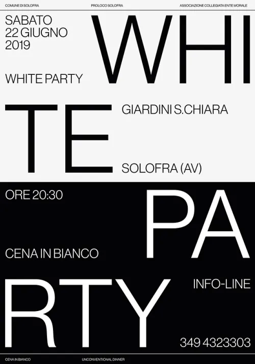 Typographic white party poster, minimal, editorial, high-contrast