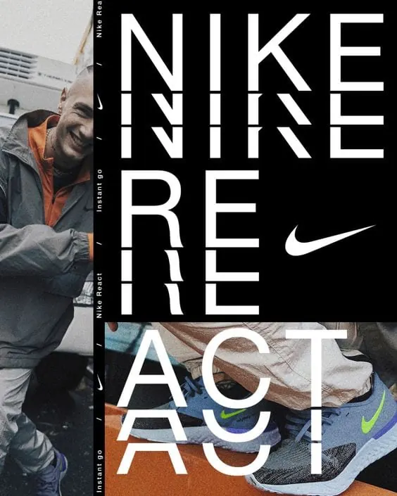 Nike React bold typographic poster, bold, minimal, dark