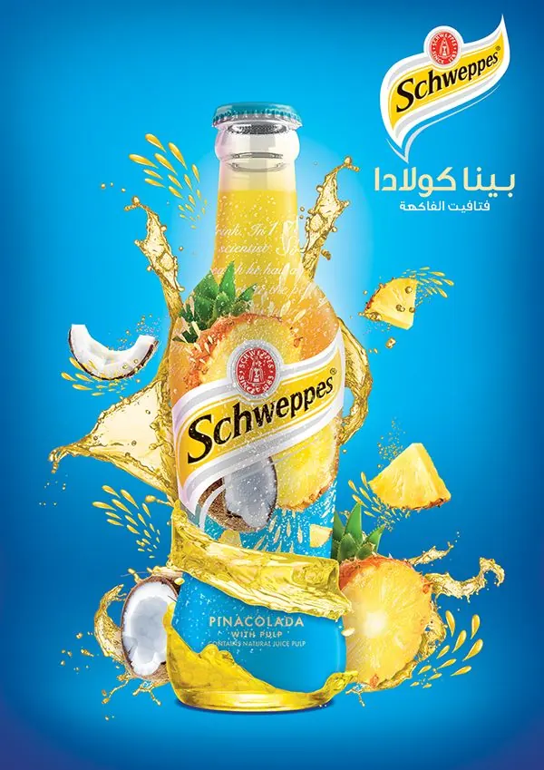 Schweppes Pina Colada bottle splash, vibrant, photographic, vibrant