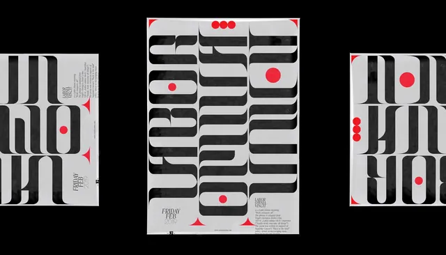 Striped poster triptych with red accents, swiss, monochrome, dark