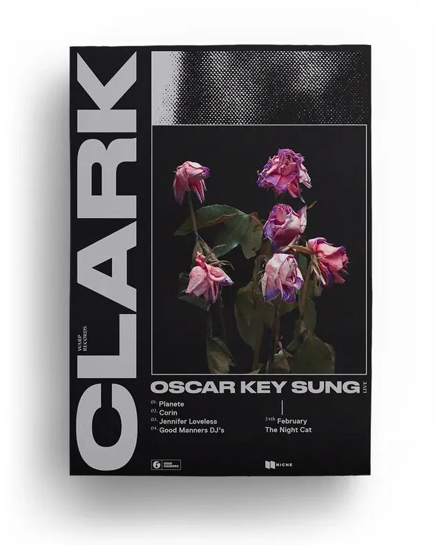 Oscar Key Sung Album Cover, minimal, editorial, dark