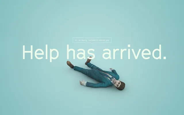 Swiss Army Man "Help has arrived" poster, minimal, editorial, light