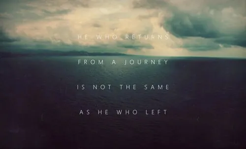 Seascape with quote 'He who returns from a journey, minimal, editorial, dark