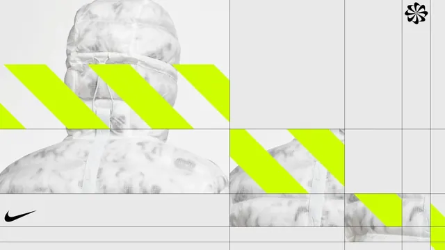 Nike puffer jacket grid layout with neon graphics, minimal, vibrant, light