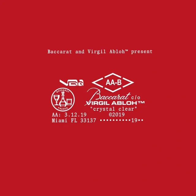 Baccarat Virgil Abloh crystal clear event invitation on red, minimal, luxury, vibrant