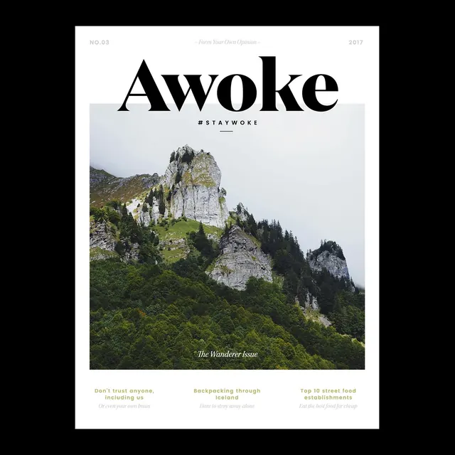 Awoke magazine cover The Wanderer Issue, minimal, editorial, light