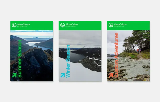 AlmaCalma Expediciones travel brochures triptych, minimal, swiss, vibrant