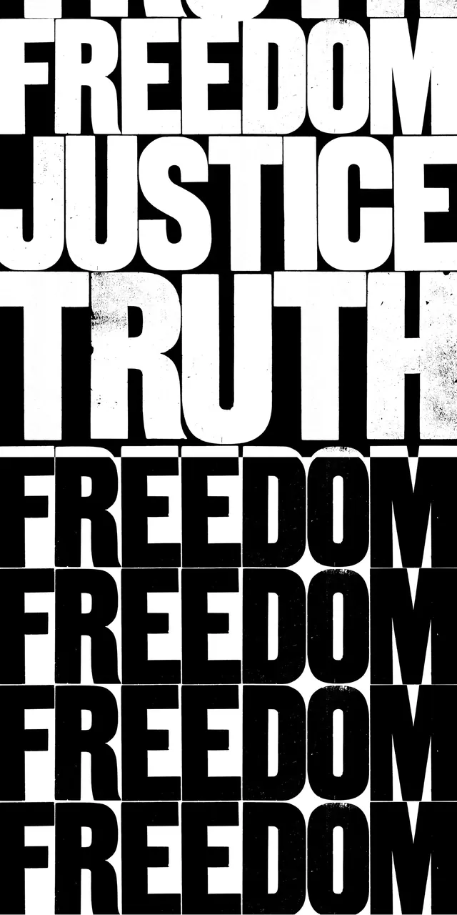 Freedom Justice Truth protest poster, brutalist, minimal, dark