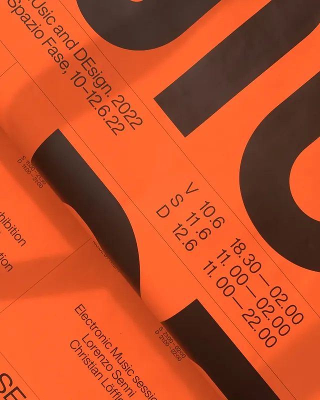 Music and Design orange event poster, minimal, swiss, vibrant