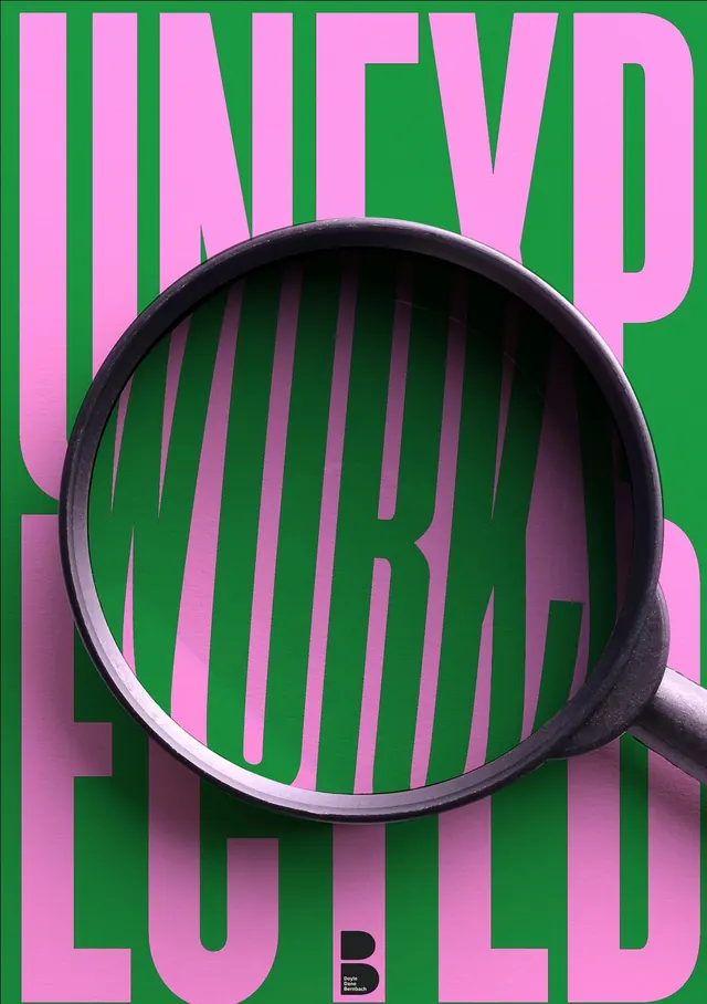 DDB Unexpected Work magnifier poster, minimal, playful, vibrant