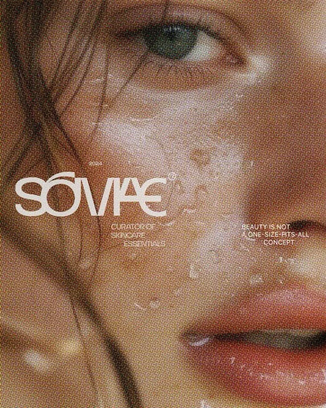 SOVIAE halftone skincare poster, editorial, retro, warm