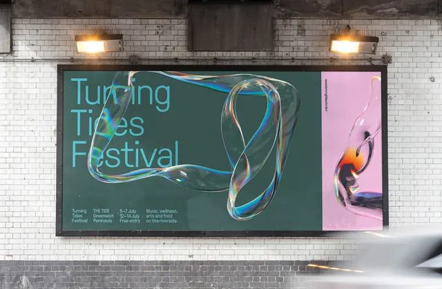 Turning Tides Festival billboard, gradient-heavy, 3d-render, cool