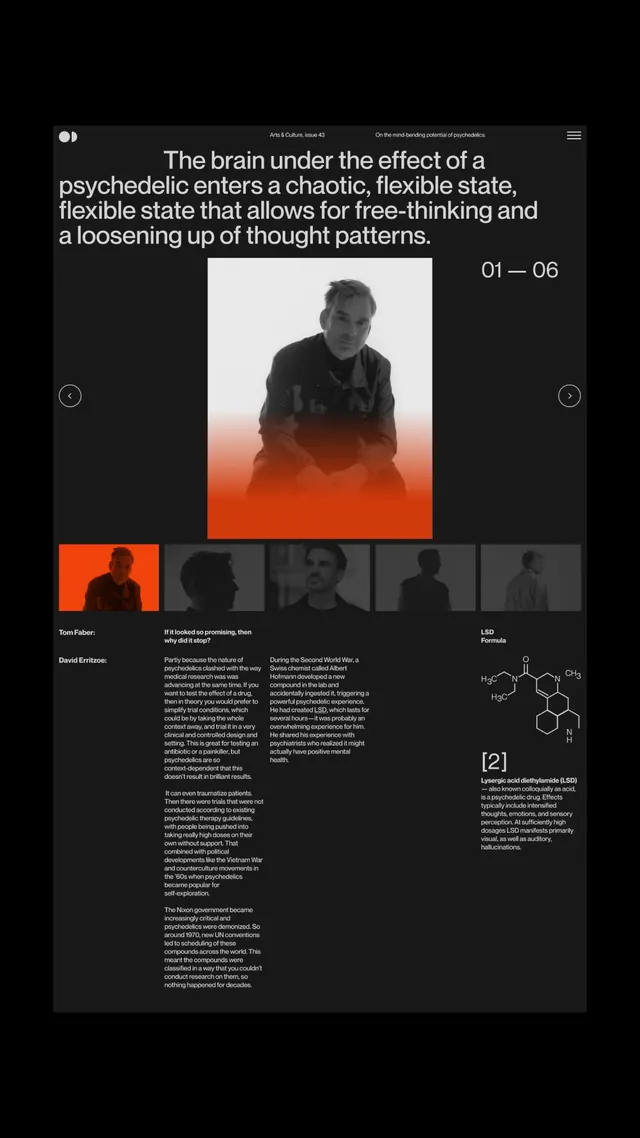 Dark-mode minimal editorial spread, dark-mode, minimal, dark