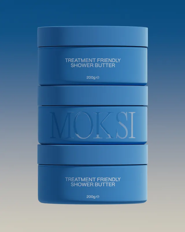 Moksi blue skincare jar stack, minimal, corporate-clean, cool