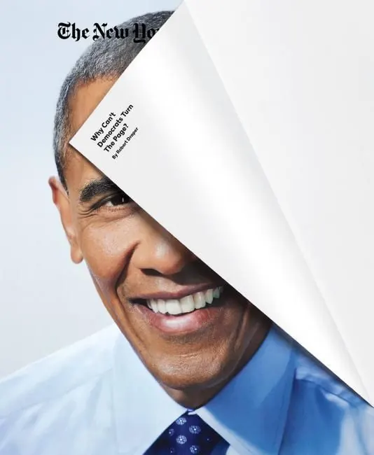 NYT Magazine Obama page-turn cover, editorial, corporate-clean, light