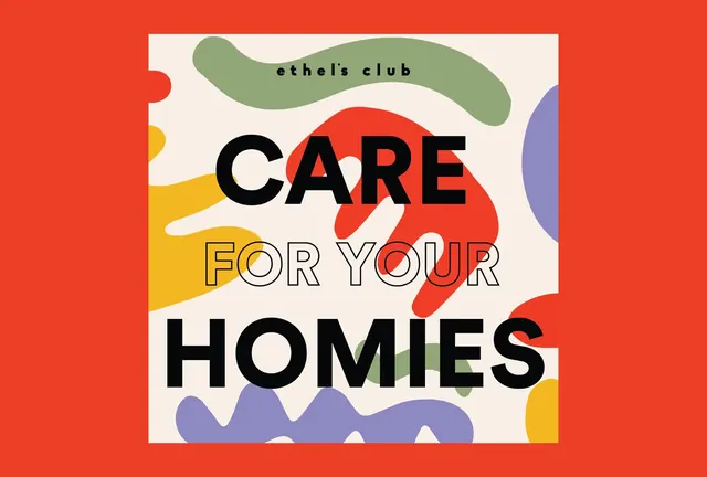 Ethel's Club homies community poster, playful, flat, vibrant
