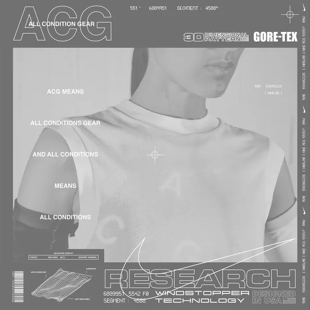 Nike ACG technical research poster, technical, brutalist, monochrome