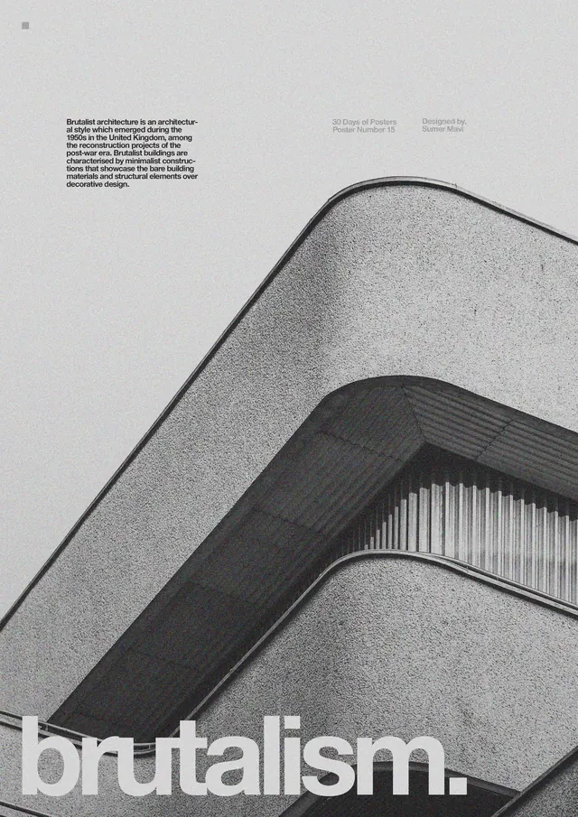 Brutalism editorial poster on concrete, brutalist, minimal, monochrome