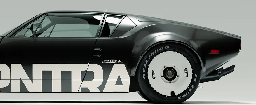 DeTomaso Pantera with Typography, minimal, photographic, dark