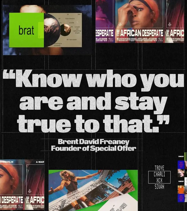 Quote poster with promo-tile grid, editorial, dark-mode, dark