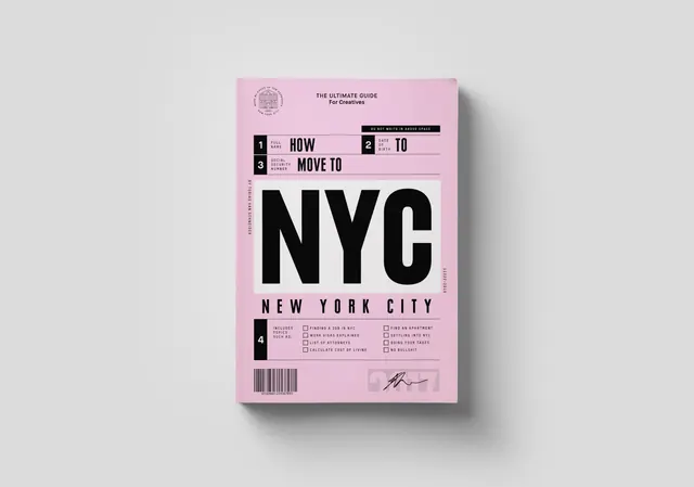 Pink NYC guide book cover mockup with large typography, minimal, editorial, light