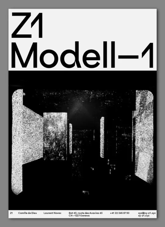 Z1 Modell-1 typographic poster with grainy architecture, minimal, editorial, light