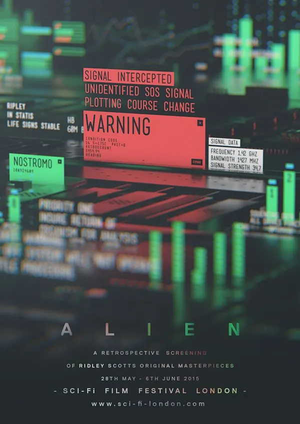 Alien Film Festival Poster, brutalist, technical, high-contrast