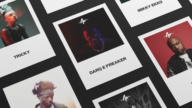 Music artist promotional card grid, minimal, corporate-clean, dark