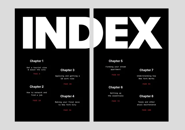 INDEX table of contents layout, minimal, swiss, monochrome