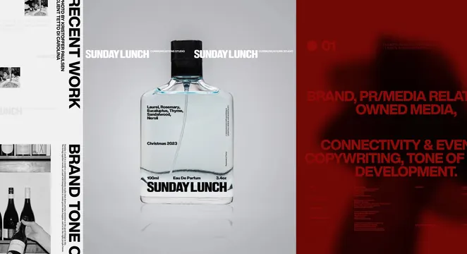 Sunday Lunch branding system layout, editorial, minimal, dark