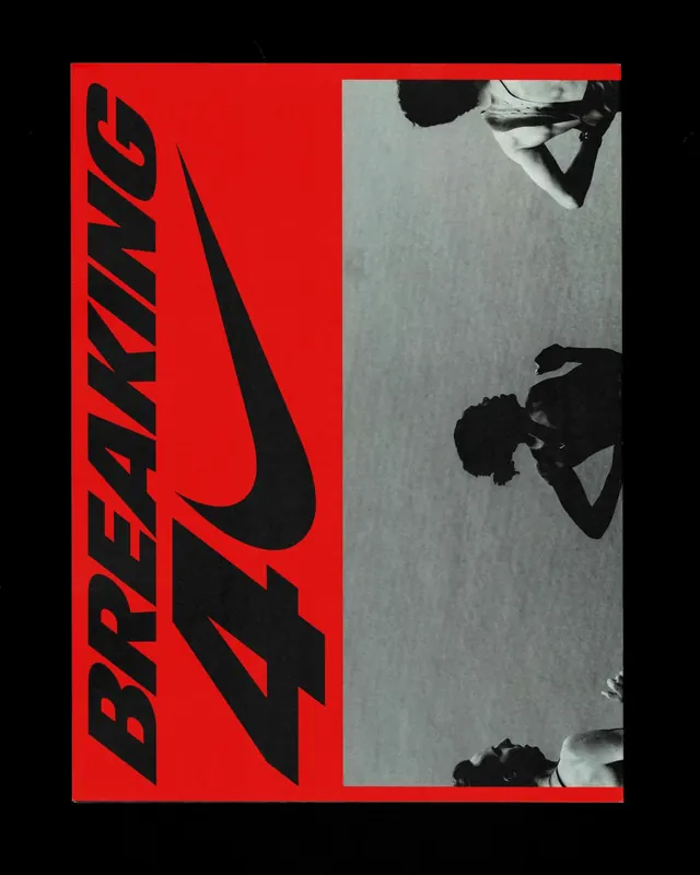 Bold red split composition with Nike swoosh and silhouettes, editorial, geometric, vibrant