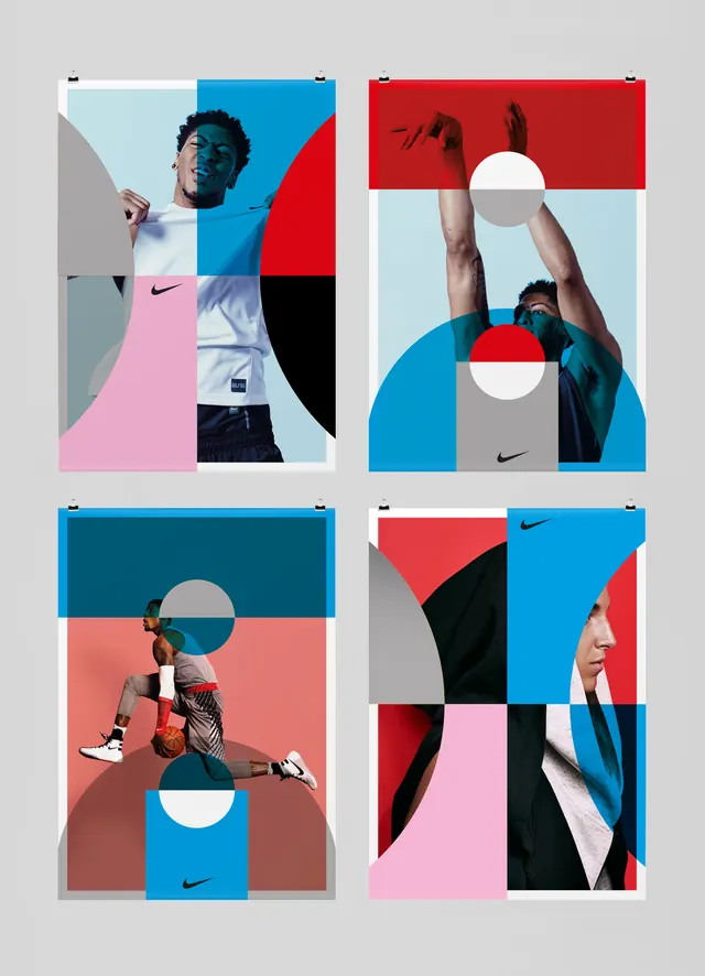 Geometric Nike athlete collage layout, geometric, brutalist, high-contrast