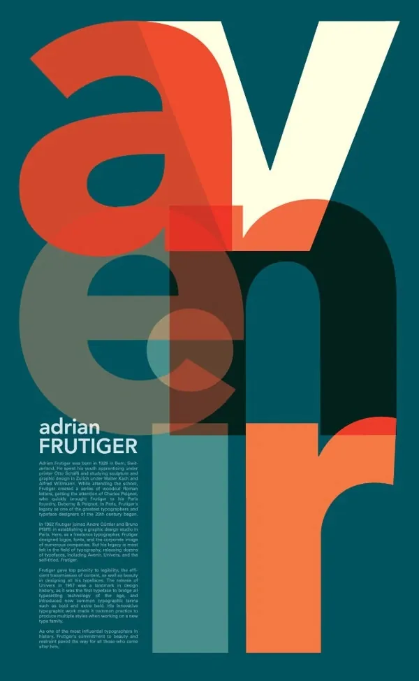 Adrian Frutiger typography design poster, editorial, geometric, vibrant