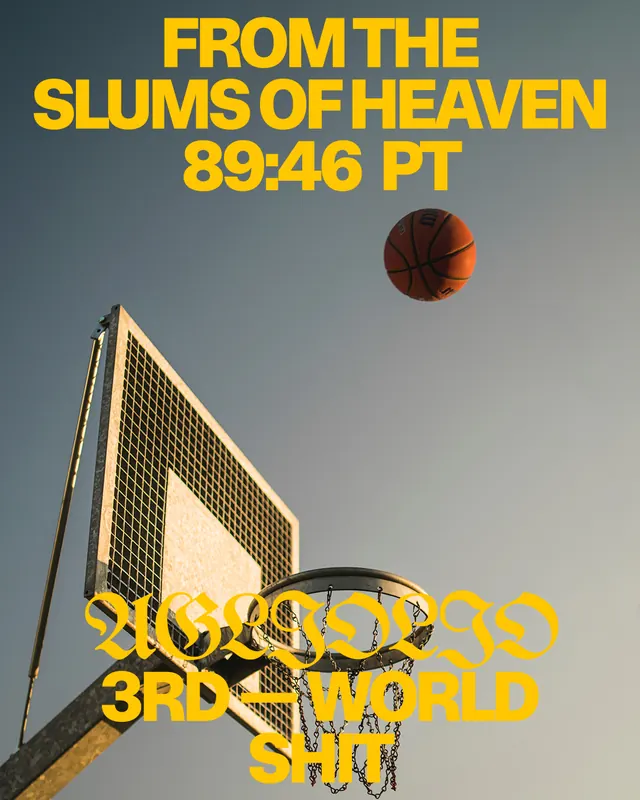 Basketball court poster with bold typography, bold, photographic, dark
