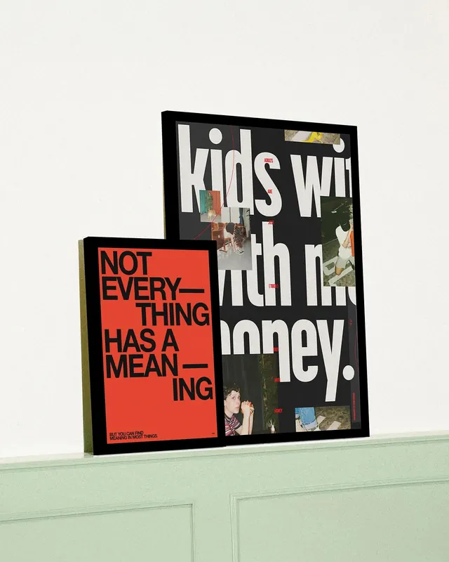 Pop art poster collage on mint wall, editorial, pop-art, high-contrast