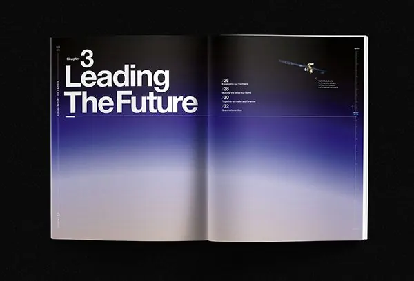 Minimal corporate-clean editorial spread, minimal, corporate-clean, light