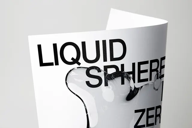 Liquid spheres typography print with 3D effect, minimal, editorial, light