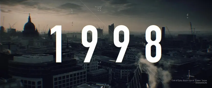 Cinematic 1998 cityscape title card with skyline, photographic, editorial, dark