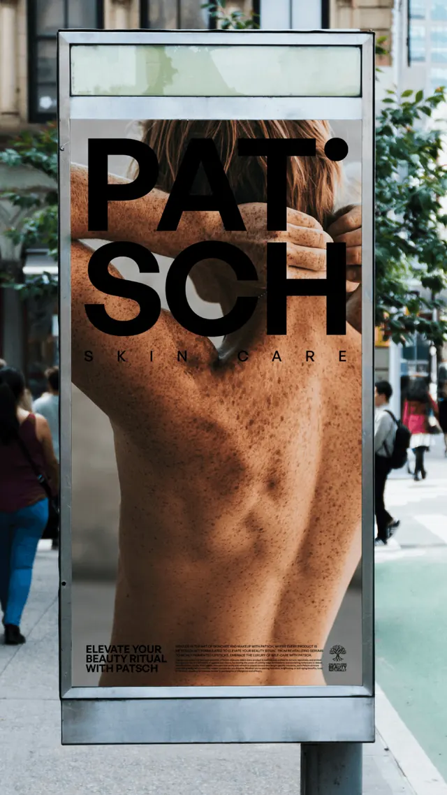 Patsch skin care billboard poster on urban street, editorial, muted