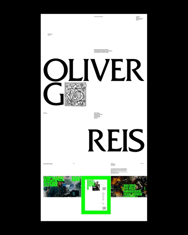 Oliver Gareis portfolio rebrand carousel (slide 1), minimal, editorial, monochrome