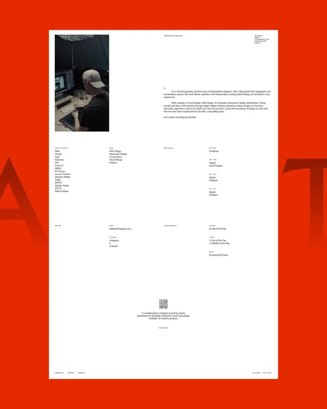 Oliver Gareis portfolio rebrand carousel (slide 4), minimal, editorial, monochrome