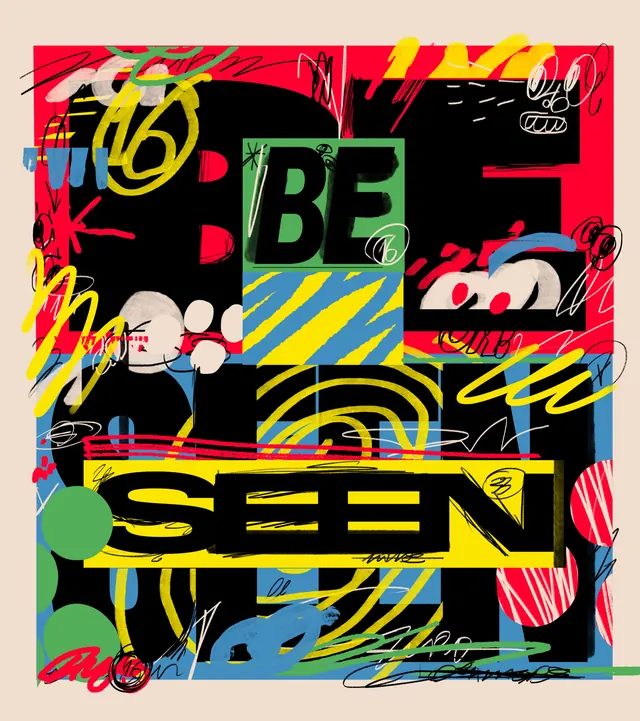 Bold pop art collage with portrait and neon overlays (slide 2)
