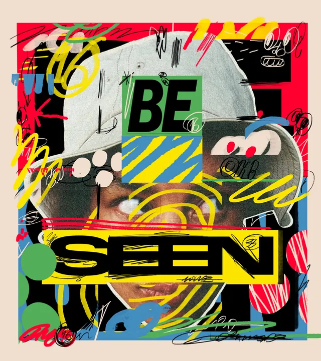 Bold pop art collage with portrait and neon overlays, maximalist, playful, vibrant