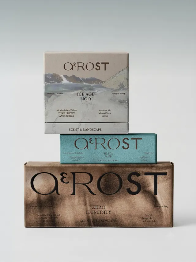 ΑEROST fragrance branding and packaging (slide 5), minimal, editorial, cool