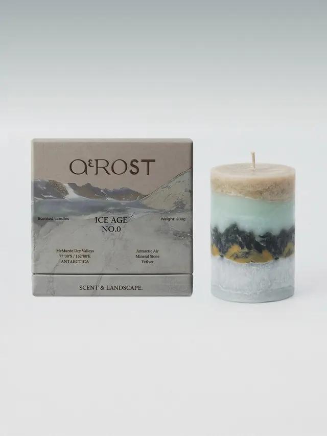 ΑEROST fragrance branding and packaging (slide 7), minimal, editorial, cool