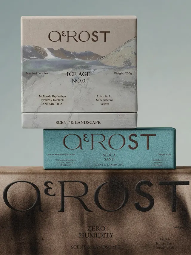 ΑEROST fragrance branding and packaging (slide 8), minimal, editorial, cool