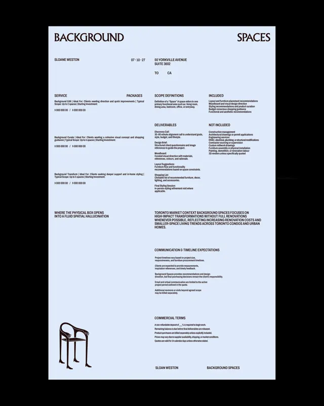Background Spaces, interior design brand system (slide 7), minimal, editorial, monochrome