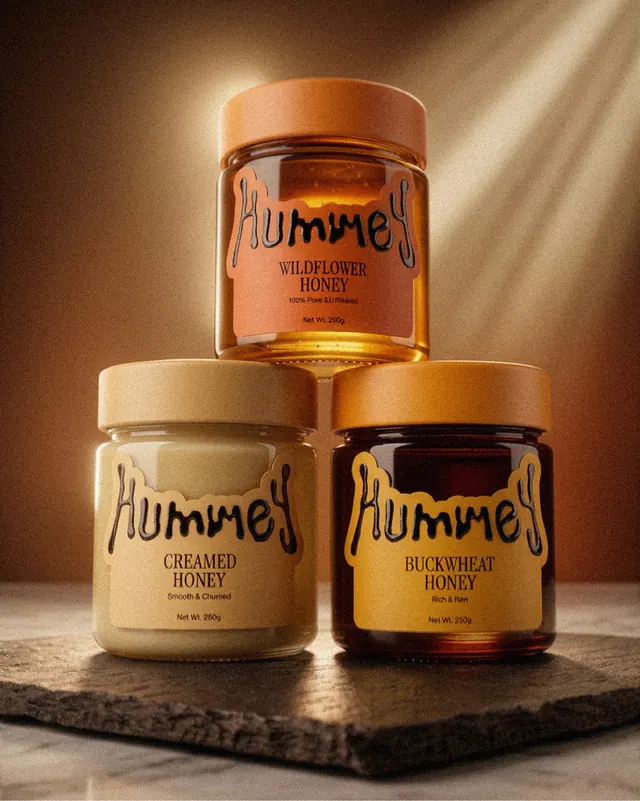 Hummey honey brand identity (slide 1), luxury, organic, warm