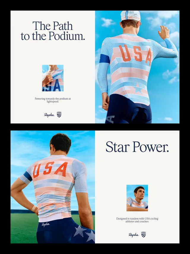 Rapha USA Cycling identity campaign (slide 1), editorial, photographic, vibrant